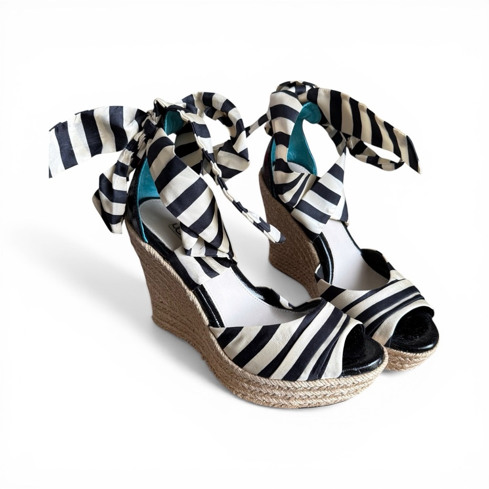 UGG Black & White Striped Espadrille Wedge Sandals